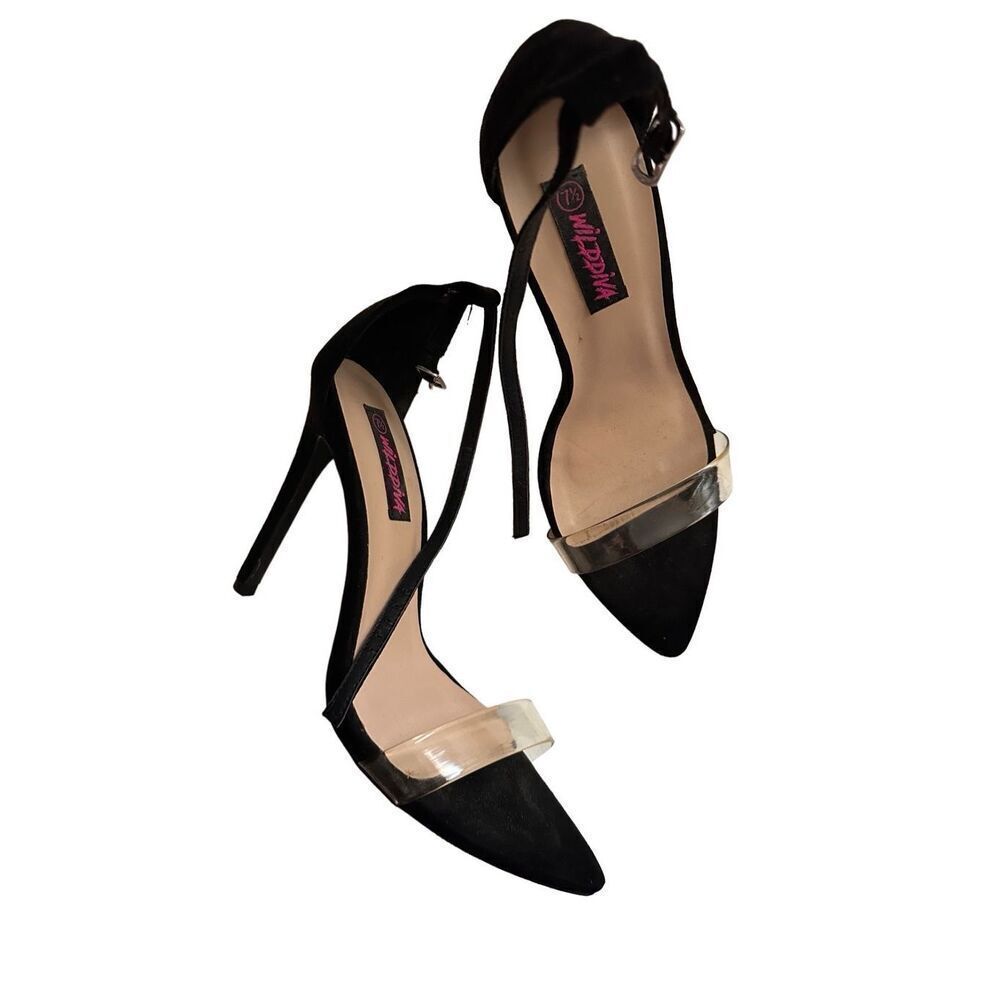 Wild Diva Black Strappy Stiletto Pump With Clear Pointed Toe Strap Size 7.5